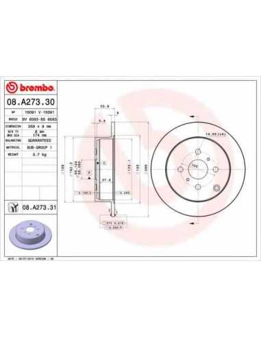 Pastillas de freno traseras BREMBO 08.A273.30 - TOYOTA AXIO/ALTIS Sedán