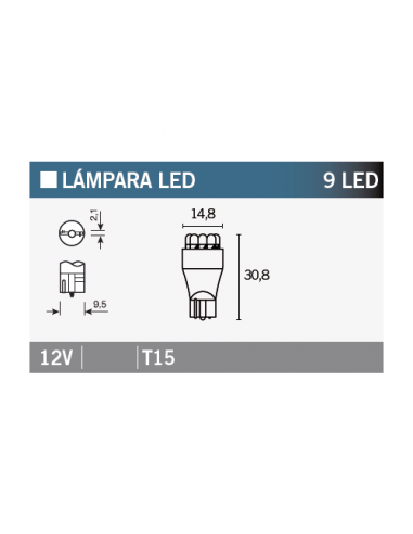 Caja de 10 lámparas 9LED T15 AMBAR. T15-12V-Ambar. 8430525146518